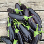 Load image into Gallery viewer, Bunch of dark purple eggplants with green stems on a wooden surface
