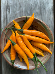 Load image into Gallery viewer, A bowl containing fresh 'Criolla Sella' hot peppers with a golden orange color, placed on a wooden surface.
